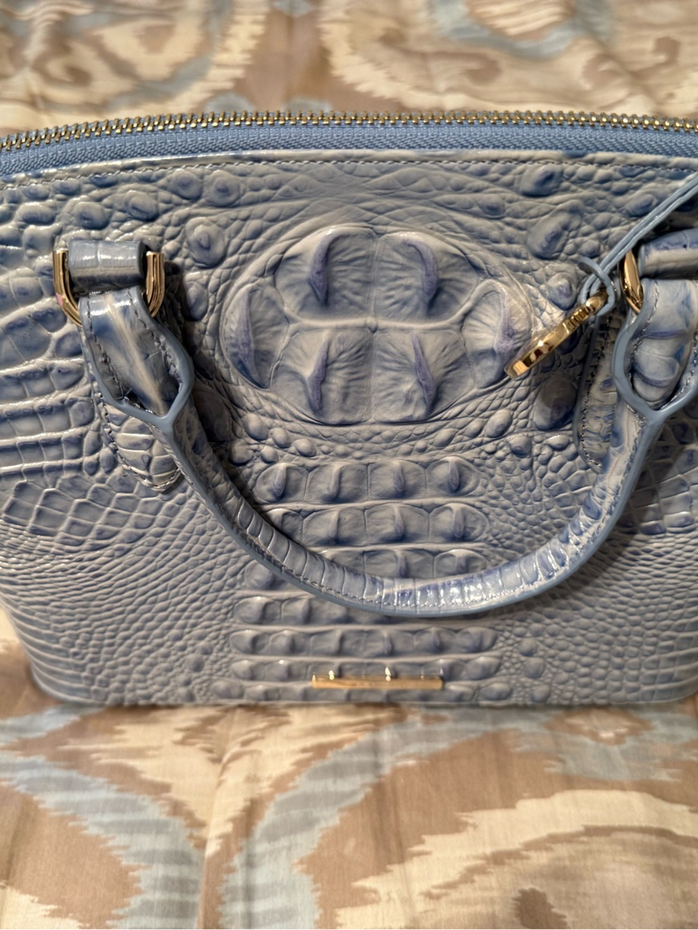 Brahmin Croc-Embossed Satchel in Light Blue with Gold Hardware